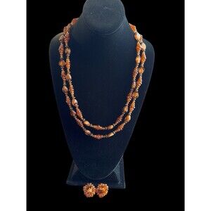 Vintage Amber Color Beaded Necklace and Clip On Earrings Set Unsigned Costume Je
